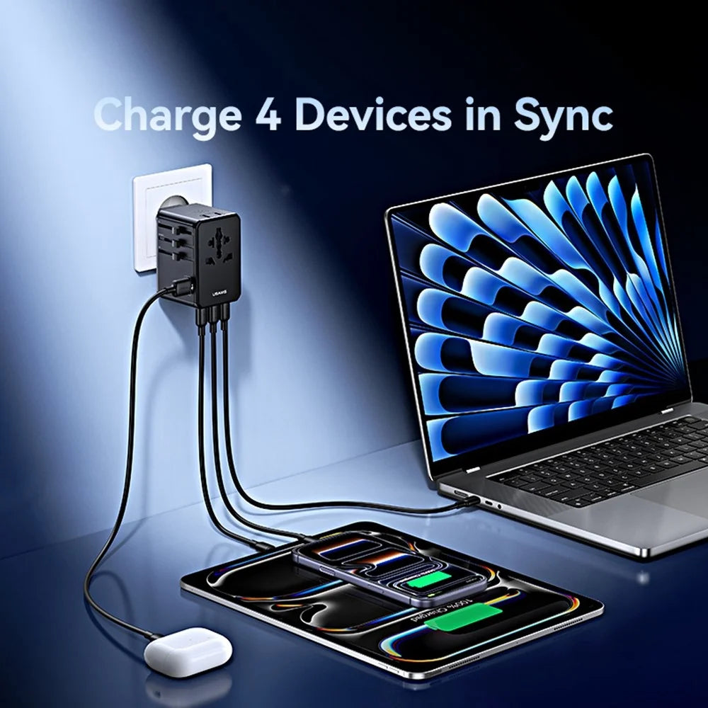 USAMS CC334 T72 100W Fast Charging Power Adapter USB-A + 3 USB-C Portable 4-Port Travel Charger - Black - 7