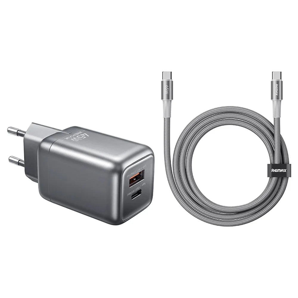 REMAX CA-25 45W Fast Charger Type-C + USB-A GaN Travel Adapter Foldable Charger with 1.2m USB-C Cable, EU Plug - Tarnish - 1