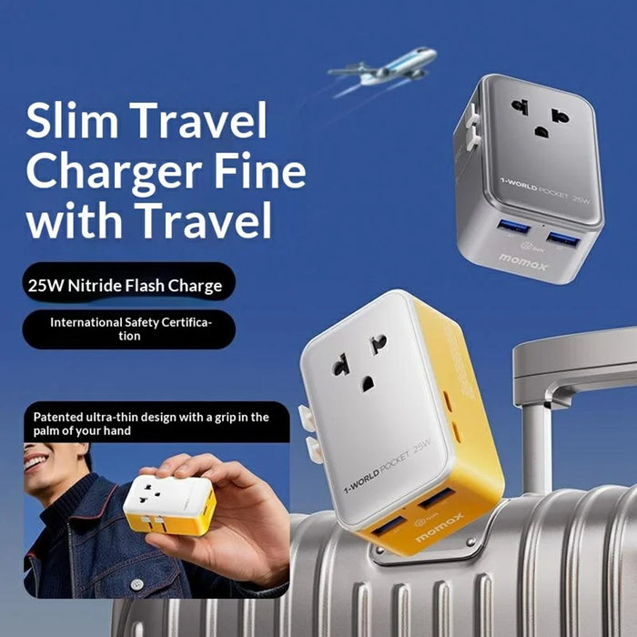 MOMAX UA32 1-World Pocket 25W GaN Global Travel Adapter 4-Port 1-Outlet Universal Wall Charger Adapter - Yellow - 2