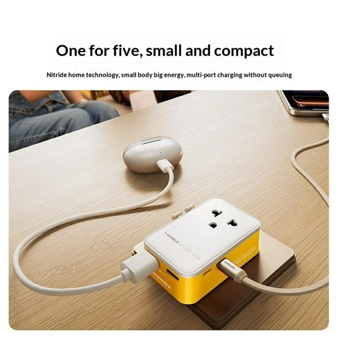 MOMAX UA32 1-World Pocket 25W GaN Global Travel Adapter 4-Port 1-Outlet Universal Wall Charger Adapter - Yellow - 6
