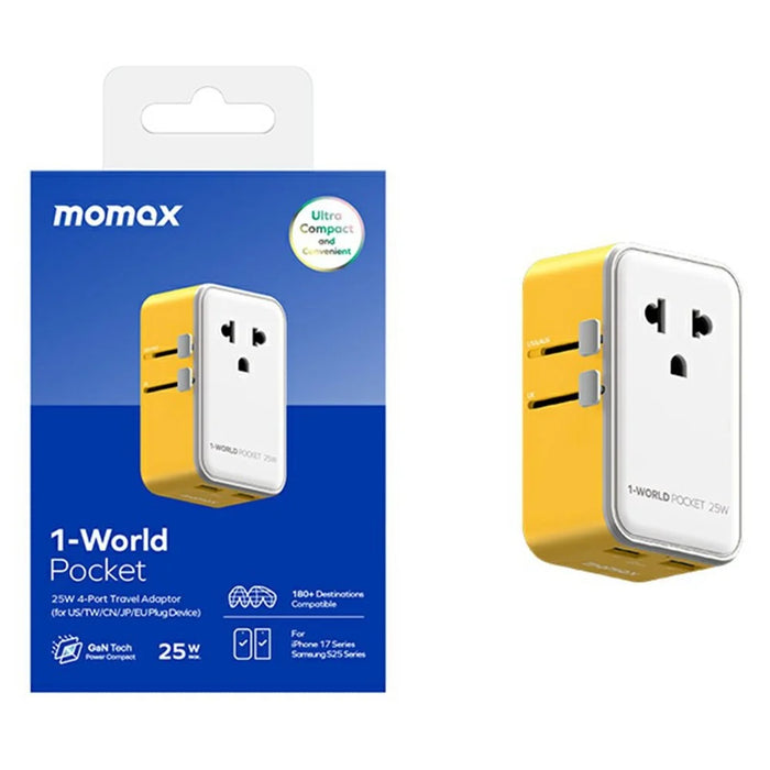 MOMAX UA32 1-World Pocket 25W GaN Global Travel Adapter 4-Port 1-Outlet Universal Wall Charger Adapter - Yellow - 7