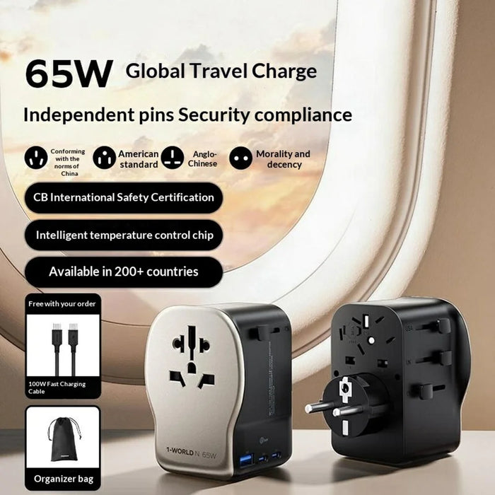 MOMAX UA35 1-World N 65W GaN Global Travel Charger Adapter 3 USB Ports Wall Charger - Gold - 2