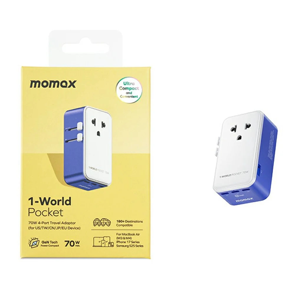 MOMAX UA36 1-World Pocket 70W GaN Global Travel Charger Adapter Universal Wall Charger Plug Converter - Blue - 7