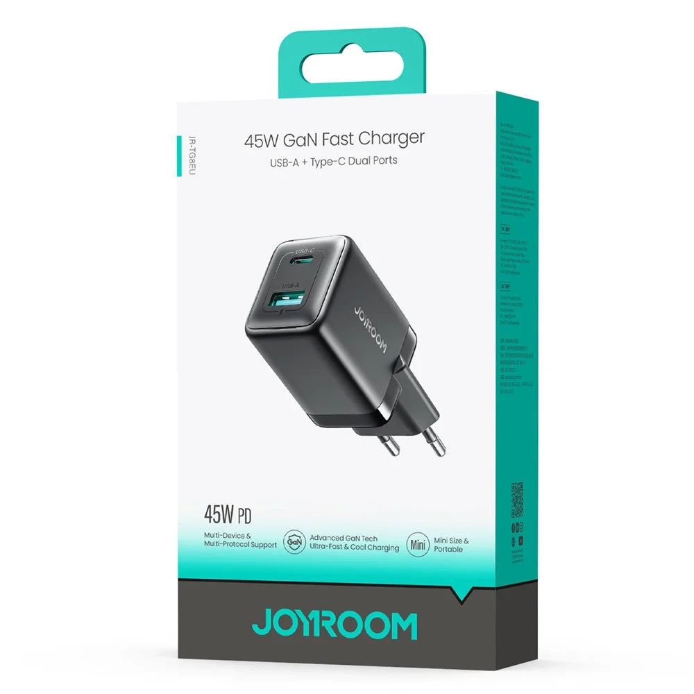 JOYROOM JR-TG8 45W GaN Charger USB-A + USB-C Dual Ports Fast Charging Adapter - EU Plug / Black - 7