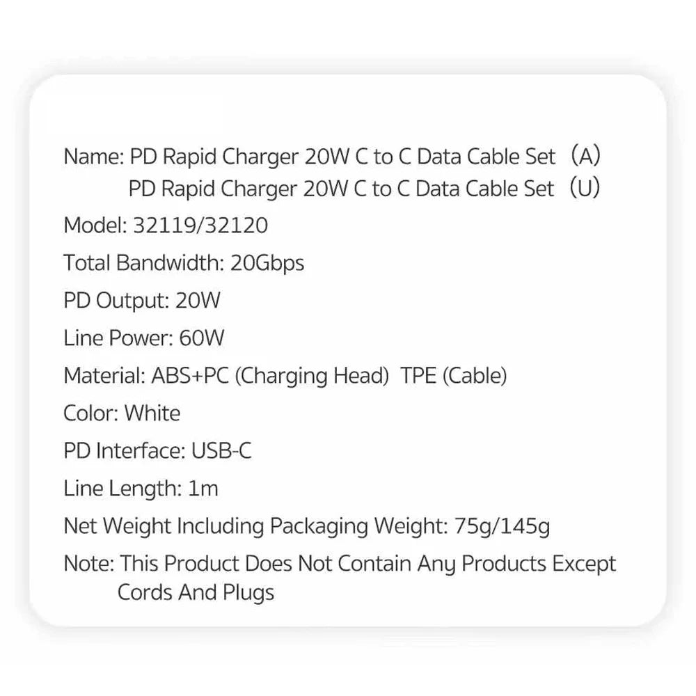 COTECI 1m PD 20W Fast Charger USB-C to USB-C Cable Set 20Gbps Data Transfer - 32119 US Plug / White - 5