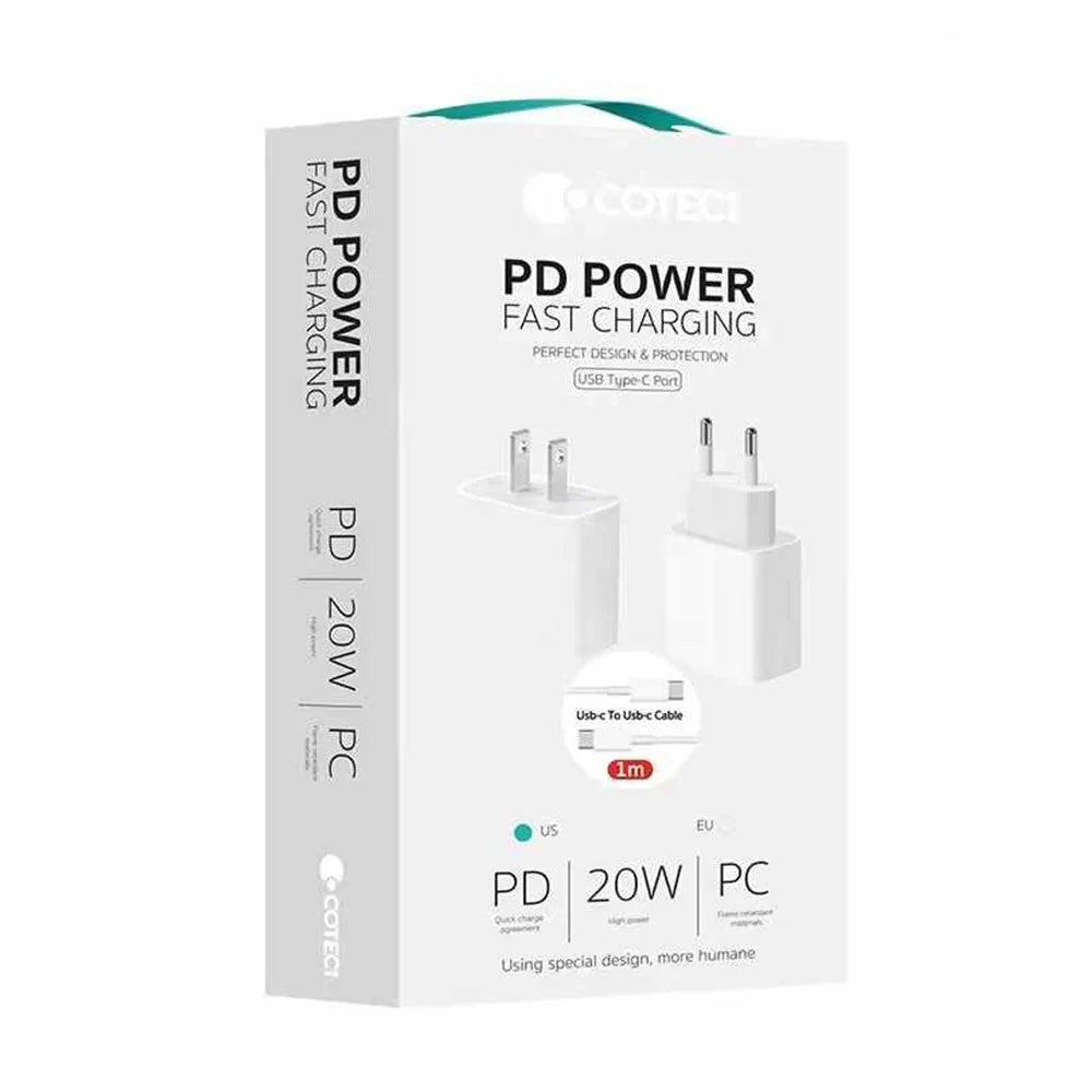 COTECI 1m PD 20W Fast Charger USB-C to USB-C Cable Set 20Gbps Data Transfer - 32119 US Plug / White - 6