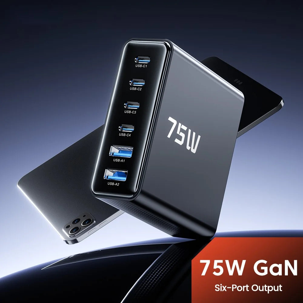 TOOCKI TCT75-22 75W GaN Desktop Charger 6 Ports 4 USB-C+2 USB-A Fast Charging Station - EU Plug - 3