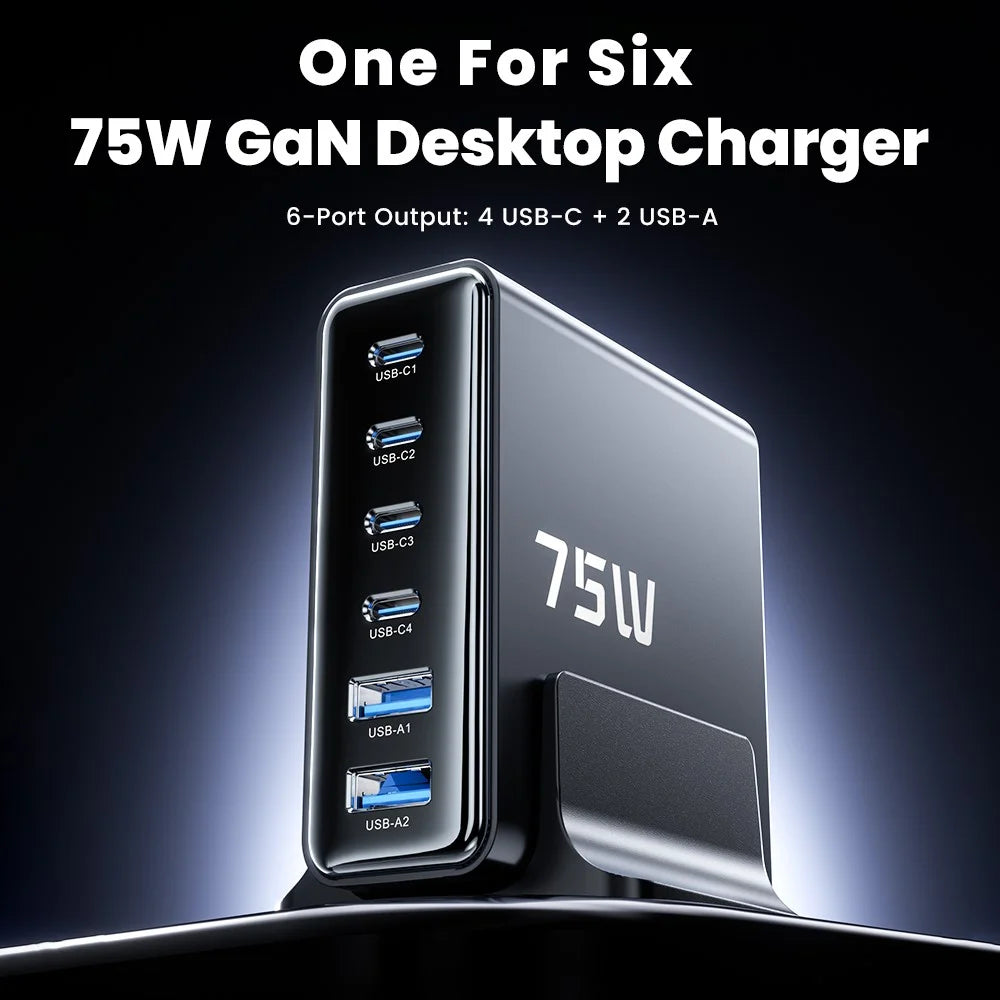 TOOCKI TCT75-22 75W GaN Desktop Charger 6 Ports 4 USB-C+2 USB-A Fast Charging Station - EU Plug - 4