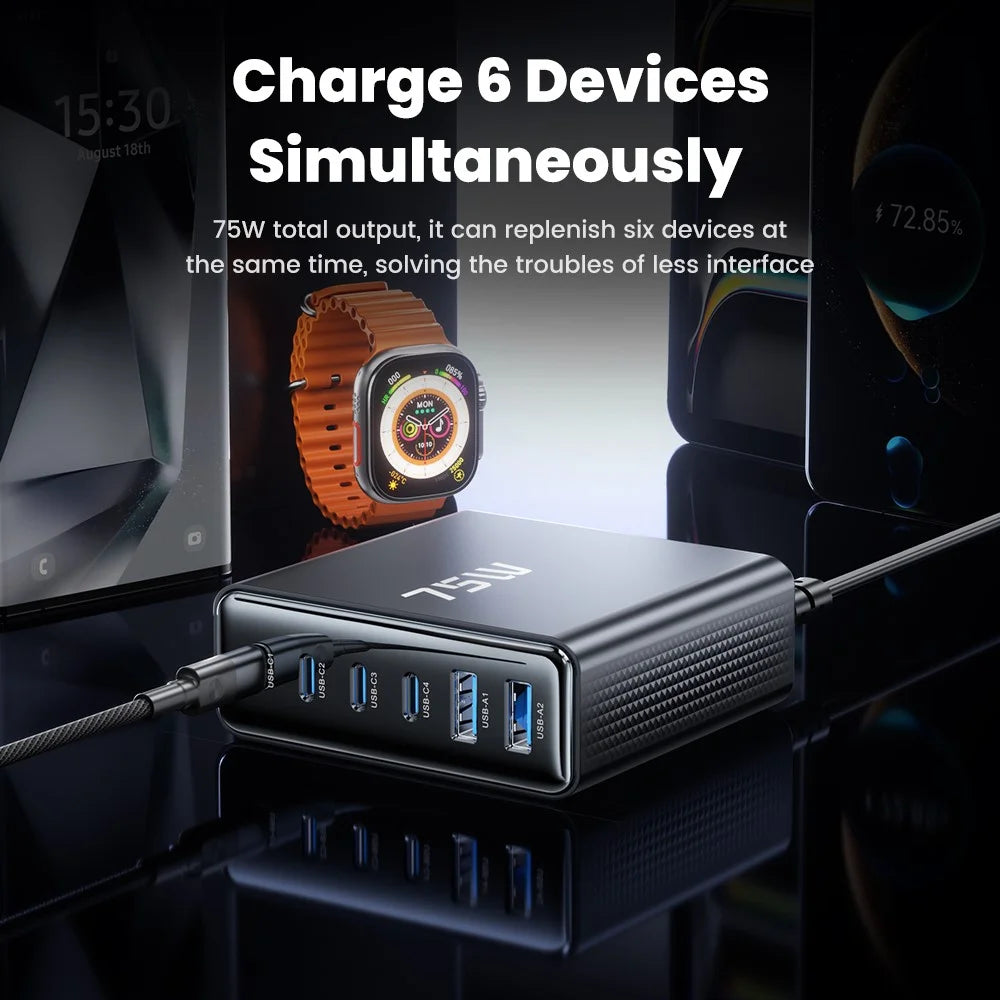 TOOCKI TCT75-22 75W GaN Desktop Charger 6 Ports 4 USB-C+2 USB-A Fast Charging Station - EU Plug - 5