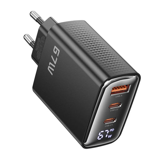 TOOCKI TCT67-22 67W GaN Wall Charger 3 USB Ports 67W PD Fast Charging Adapter with Digital Display for iPhone MacBook - EU Plug - 1