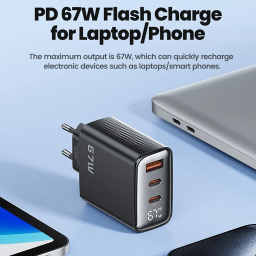 TOOCKI TCT67-22 67W GaN Wall Charger 3 USB Ports 67W PD Fast Charging Adapter with Digital Display for iPhone MacBook - EU Plug - 2