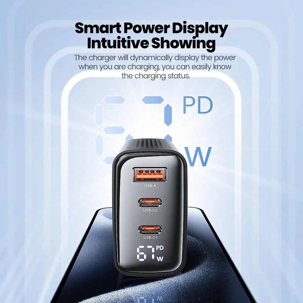 TOOCKI TCT67-22 67W GaN Wall Charger 3 USB Ports 67W PD Fast Charging Adapter with Digital Display for iPhone MacBook - EU Plug - 4