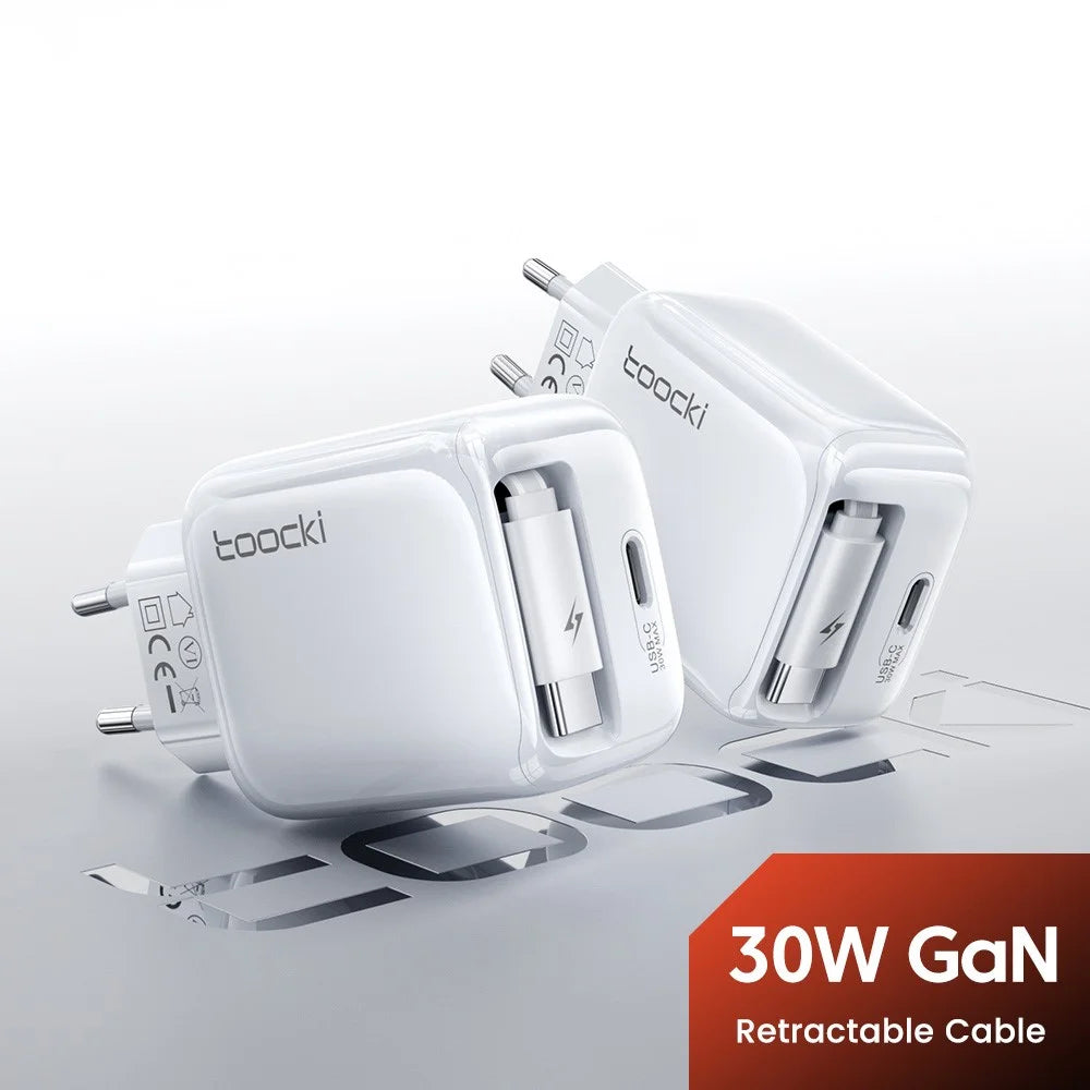 TOOCKI TC55302 30W GaN Charger Built-in 68cm Retractable USB-C Cable 2-in-1 Fast Charging Power Adapter - White  /  EU Plug - 2