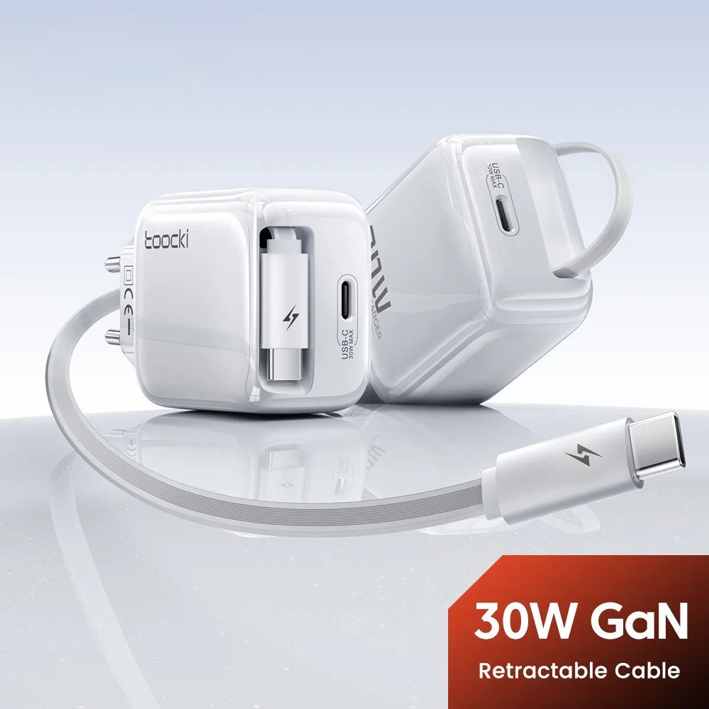 TOOCKI TC55302 30W GaN Charger Built-in 68cm Retractable USB-C Cable 2-in-1 Fast Charging Power Adapter - White  /  EU Plug - 3