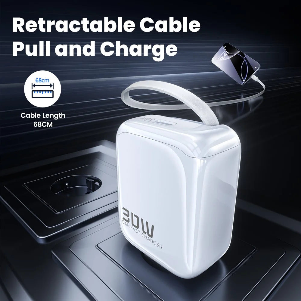 TOOCKI TC55302 30W GaN Charger Built-in 68cm Retractable USB-C Cable 2-in-1 Fast Charging Power Adapter - White  /  EU Plug - 4