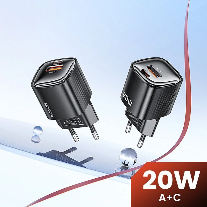 TOOCKI 20W Mini GaN Wall Charger Dual Port USB-C+USB-A PD Fast Charging Power Adapter - EU Plug  /  TC2220A2 - 2