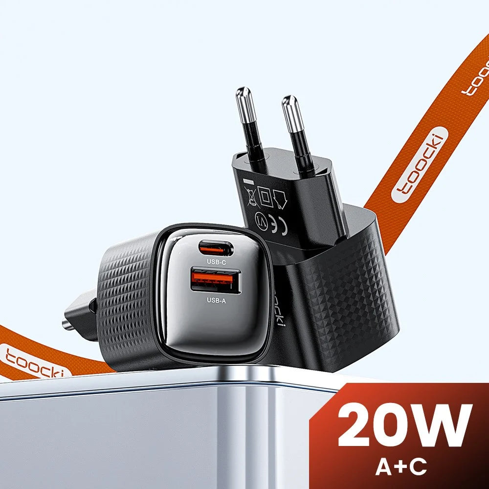 TOOCKI 20W Mini GaN Wall Charger Dual Port USB-C+USB-A PD Fast Charging Power Adapter - EU Plug  /  TC2220A2 - 3