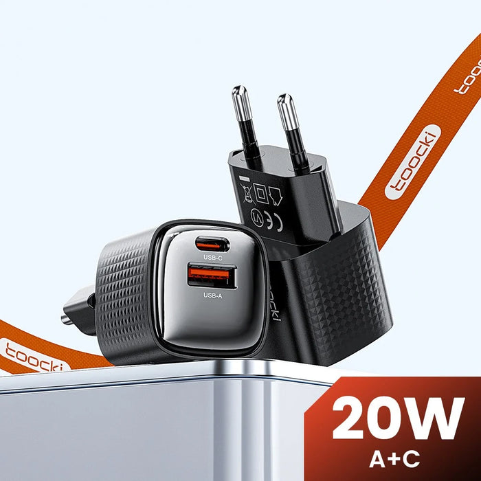 TOOCKI 20W Mini GaN Wall Charger Dual Port USB-C+USB-A PD Fast Charging Power Adapter - EU Plug  /  TC2220A2 - 3