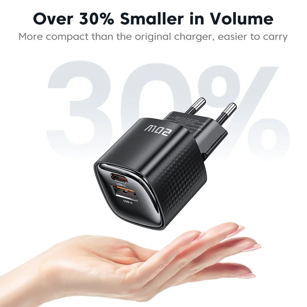 TOOCKI 20W Mini GaN Wall Charger Dual Port USB-C+USB-A PD Fast Charging Power Adapter - EU Plug  /  TC2220A2 - 7