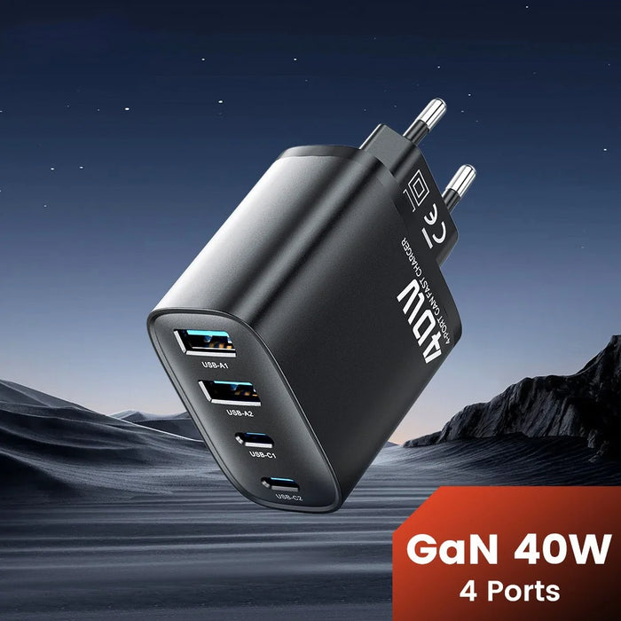 TOOCKI TC53402 40W GaN Fast Charger 4-Port 2 USB-C 2 USB-A 20W PD Quick Charging Power Adapter - Black  /  EU Plug - 2