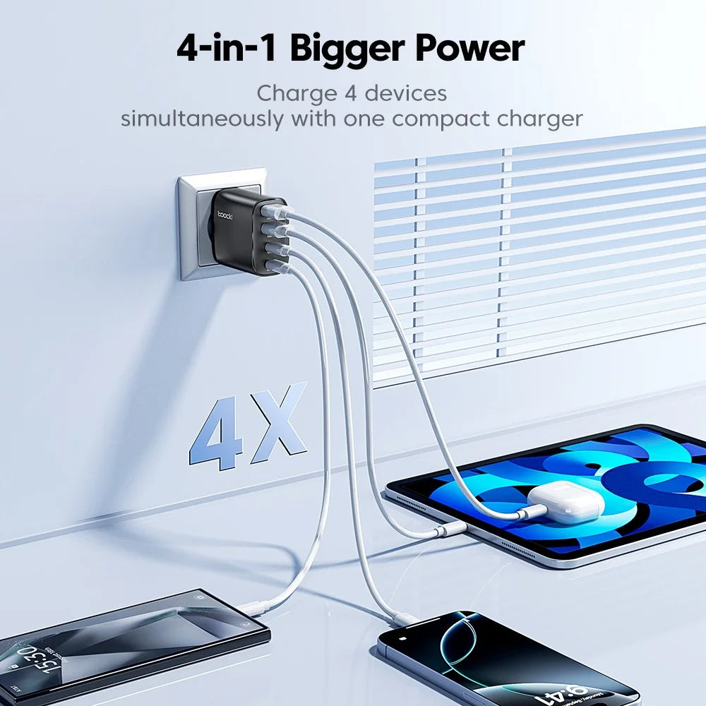 TOOCKI TC53402 40W GaN Fast Charger 4-Port 2 USB-C 2 USB-A 20W PD Quick Charging Power Adapter - Black  /  EU Plug - 5