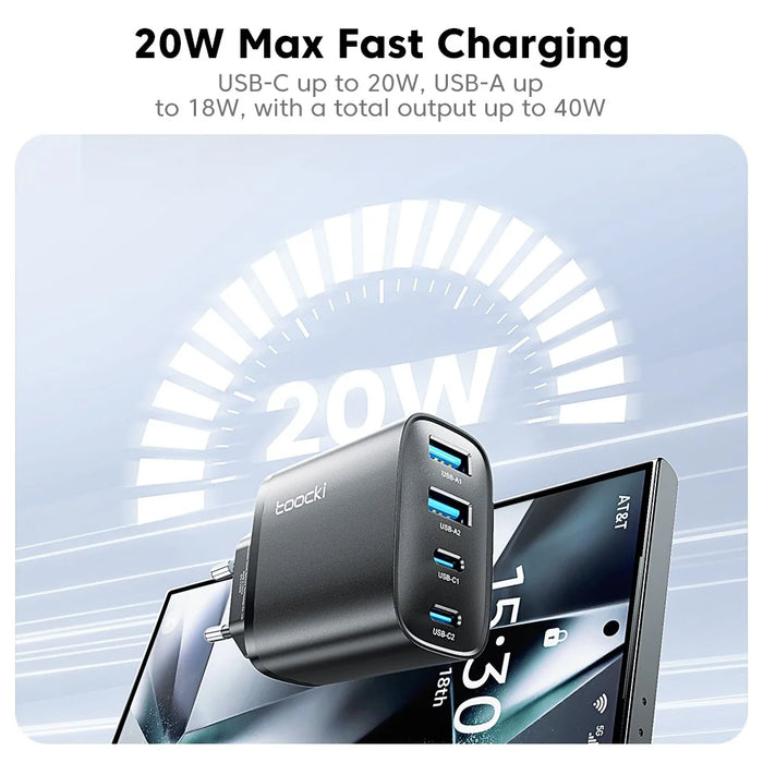 TOOCKI TC53402 40W GaN Fast Charger 4-Port 2 USB-C 2 USB-A 20W PD Quick Charging Power Adapter - Black  /  EU Plug - 6