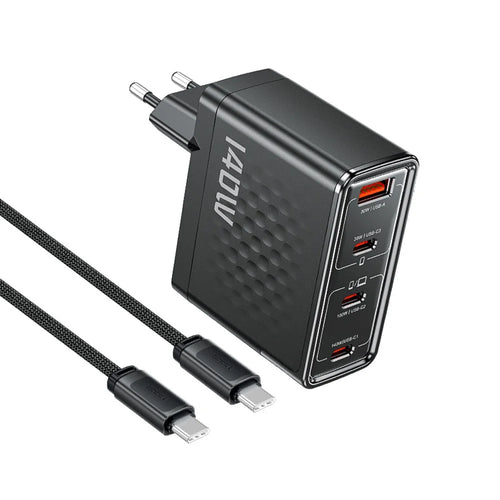 TOOCKI 140W GaN Charger 4-Port 3 USB-C 1 USB-A PD3.1 Fast Charging Station Power Adapter with 2m Cable - EU Plug  /  TCT140-40B - 1