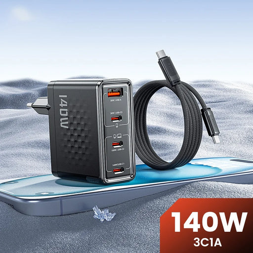 TOOCKI 140W GaN Charger 4-Port 3 USB-C 1 USB-A PD3.1 Fast Charging Station Power Adapter with 2m Cable - EU Plug  /  TCT140-40B - 2