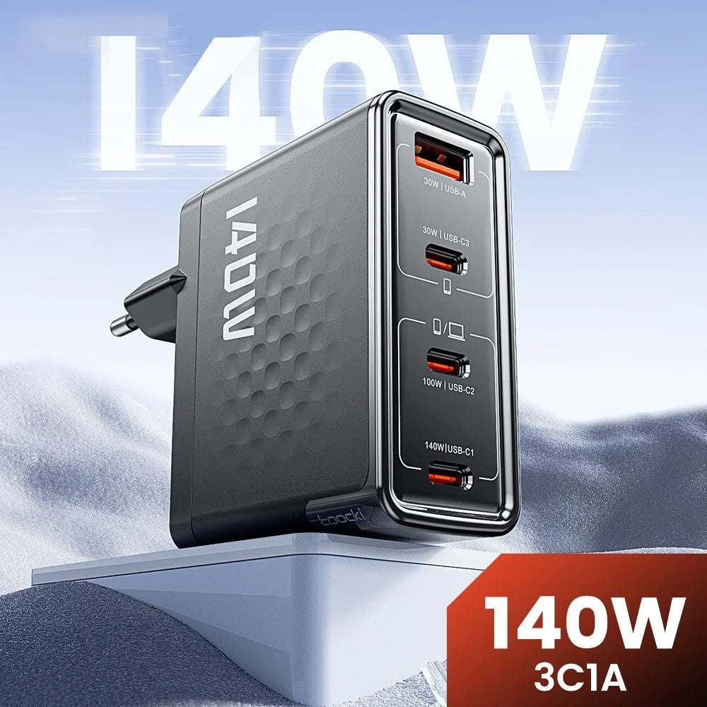 TOOCKI 140W GaN Charger 4-Port 3 USB-C 1 USB-A PD3.1 Fast Charging Station Power Adapter with 2m Cable - EU Plug  /  TCT140-40B - 3