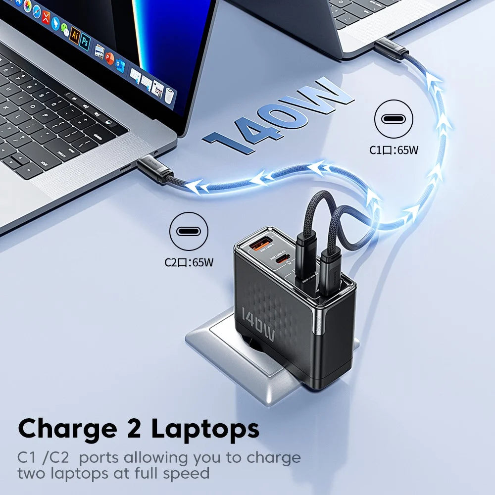 TOOCKI 140W GaN Charger 4-Port 3 USB-C 1 USB-A PD3.1 Fast Charging Station Power Adapter with 2m Cable - EU Plug  /  TCT140-40B - 4