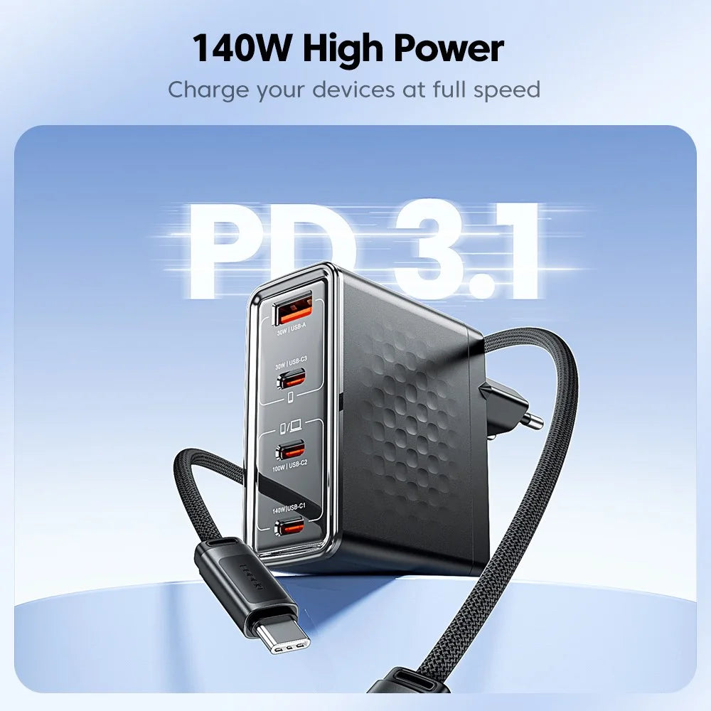 TOOCKI 140W GaN Charger 4-Port 3 USB-C 1 USB-A PD3.1 Fast Charging Station Power Adapter with 2m Cable - EU Plug  /  TCT140-40B - 6