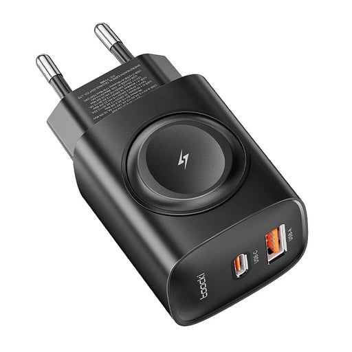 TOOCKI TCT20-21EU 3-in-1 GaN Charger Dual Port 20W USB-C 18W USB-A Magnetic 2W Wireless Charging Station for Apple Watch - Black  /  EU Plug - 1