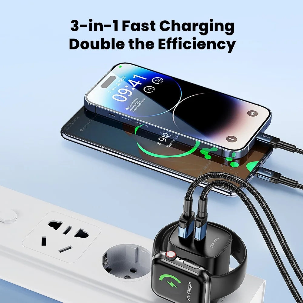 TOOCKI TCT20-21EU 3-in-1 GaN Charger Dual Port 20W USB-C 18W USB-A Magnetic 2W Wireless Charging Station for Apple Watch - Black  /  EU Plug - 5