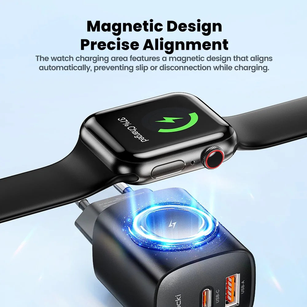 TOOCKI TCT20-21EU 3-in-1 GaN Charger Dual Port 20W USB-C 18W USB-A Magnetic 2W Wireless Charging Station for Apple Watch - Black  /  EU Plug - 6