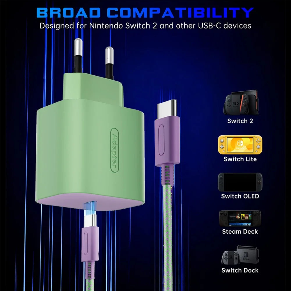 PD 60W Fast Charger for Nintendo Switch 2 / Lite / OLED Gaming Console Type-C Wall Charger with 6.6ft Cable - Matcha Green - 2