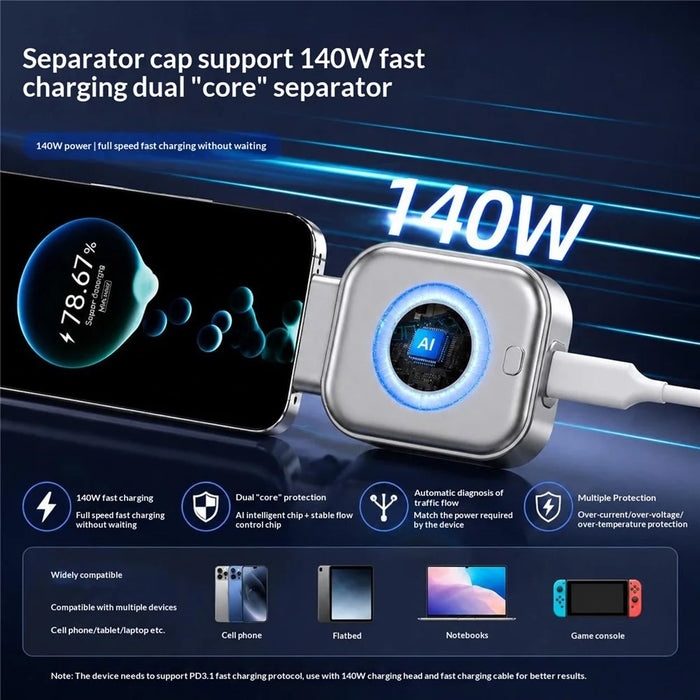 D011 USB-C Fast Charging Fully Charged Separator 100W Auto Disconnect AI Chip Smart Auto Stop Charging Adapter for Phone Tablet Laptop - Silver - 4