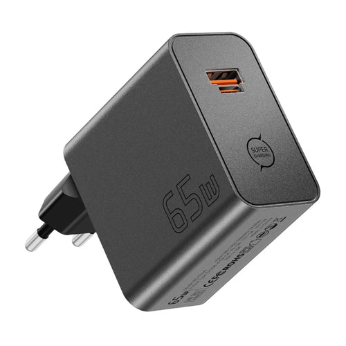 ESSAGER ES-CD65 65W GaN Wall Charger Type-C USB-A 2-in-1 Converged Port Portable Power Adapter for Phone Tablet Laptop - Black  /  EU Plug - 1