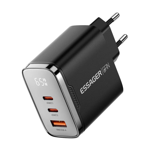 ESSAGER ES-CD64 65W GaN Wall Charger 3-Port 2 USB-C+USB-A Fast Charging Digital Display Travel Power Adapter - Black  /  EU Plug - 1