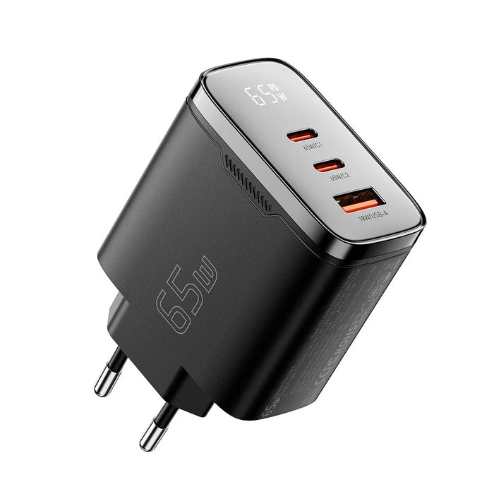 ESSAGER ES-CD64 65W GaN Wall Charger 3-Port 2 USB-C+USB-A Fast Charging Digital Display Travel Power Adapter - Black  /  EU Plug - 2