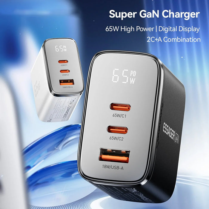 ESSAGER ES-CD64 65W GaN Wall Charger 3-Port 2 USB-C+USB-A Fast Charging Digital Display Travel Power Adapter - Black  /  EU Plug - 5