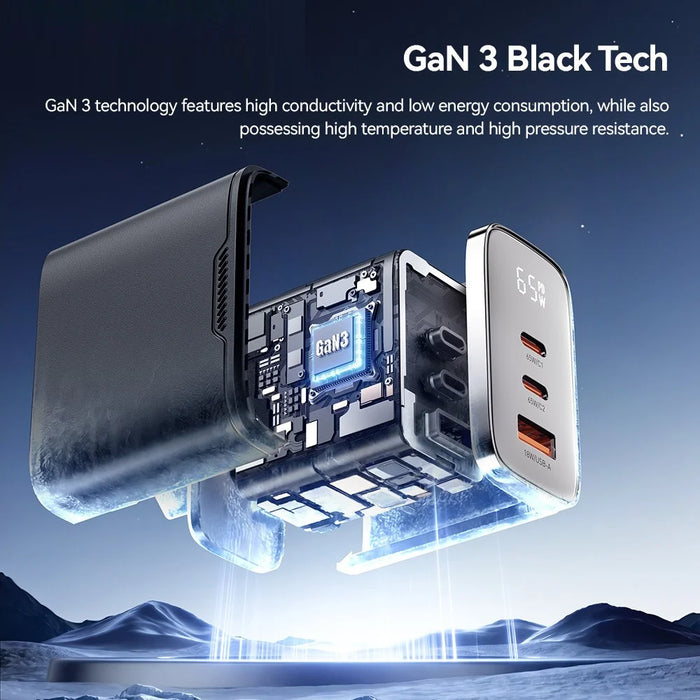 ESSAGER ES-CD64 65W GaN Wall Charger 3-Port 2 USB-C+USB-A Fast Charging Digital Display Travel Power Adapter - Black  /  EU Plug - 7