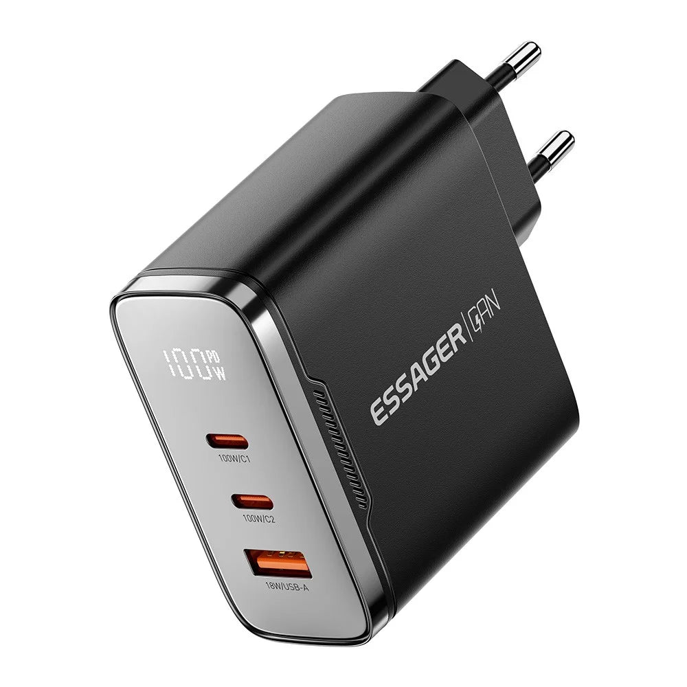 ESSAGER ES-CD56 100W GaN Wall Charger 3-Port 2 USB-C+USB-A Fast Charging Digital Display Travel Power Adapter - Black  /  EU Plug - 1