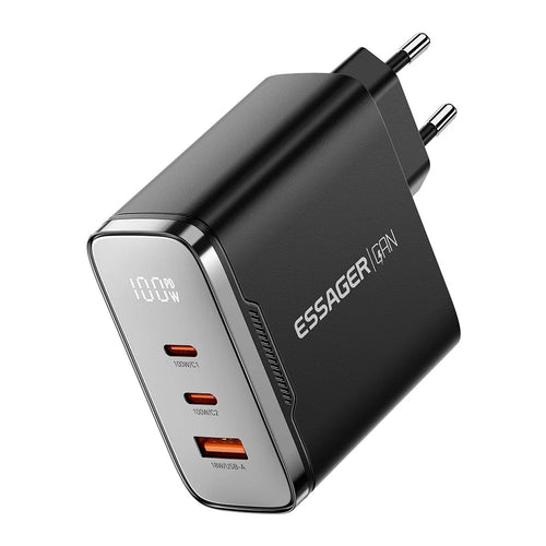 ESSAGER ES-CD56 100W GaN Wall Charger 3-Port 2 USB-C+USB-A Fast Charging Digital Display Travel Power Adapter - Black  /  EU Plug - 1