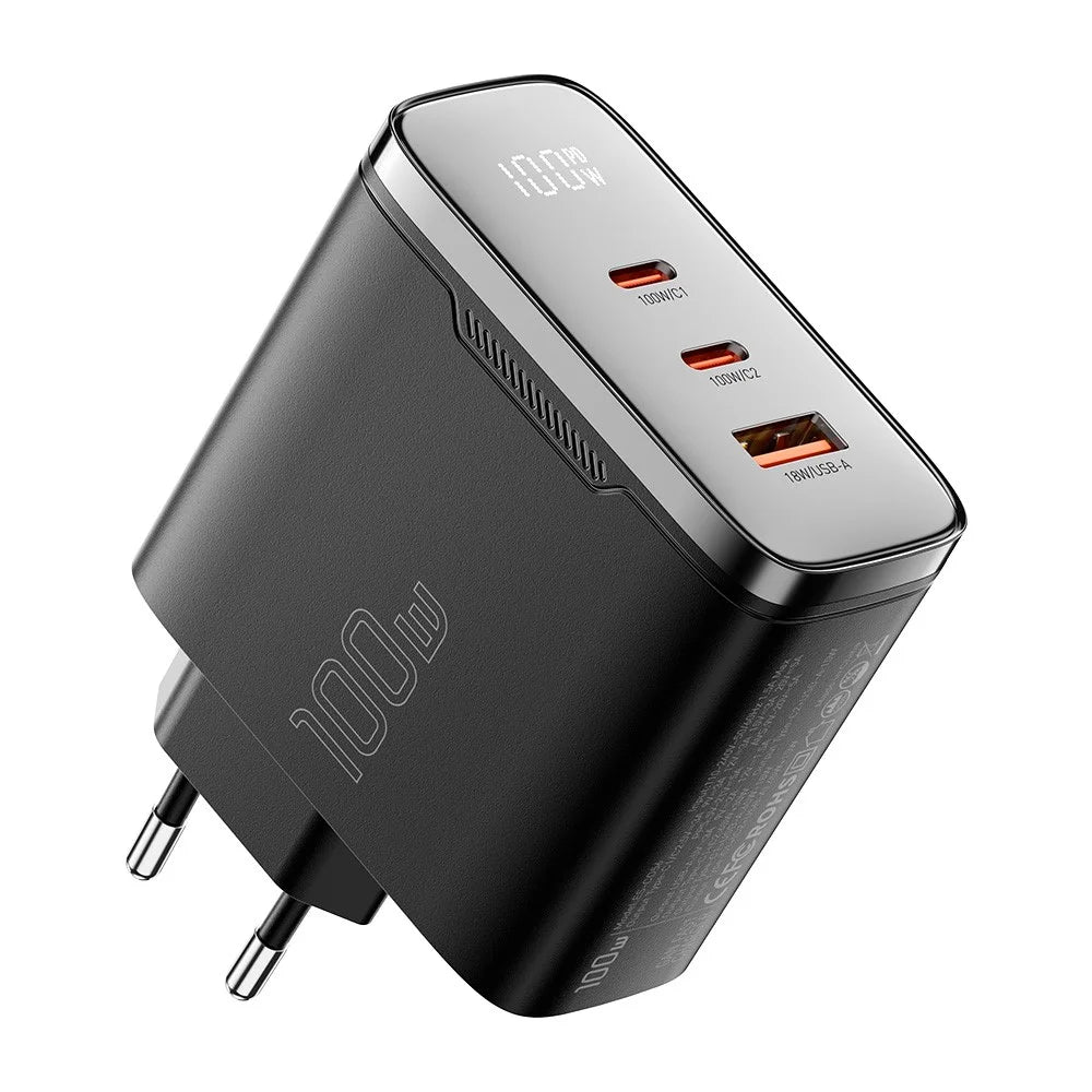 ESSAGER ES-CD56 100W GaN Wall Charger 3-Port 2 USB-C+USB-A Fast Charging Digital Display Travel Power Adapter - Black  /  EU Plug - 2