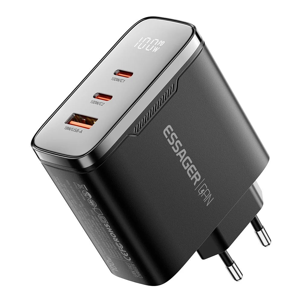 ESSAGER ES-CD56 100W GaN Wall Charger 3-Port 2 USB-C+USB-A Fast Charging Digital Display Travel Power Adapter - Black  /  EU Plug - 3