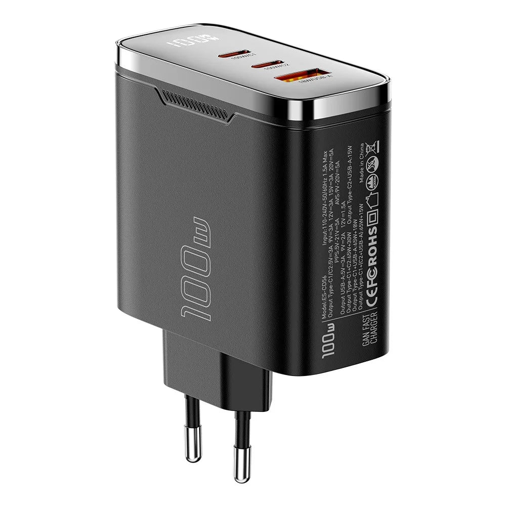 ESSAGER ES-CD56 100W GaN Wall Charger 3-Port 2 USB-C+USB-A Fast Charging Digital Display Travel Power Adapter - Black  /  EU Plug - 4