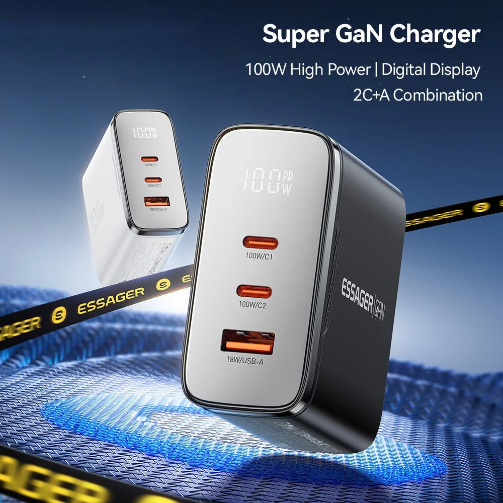 ESSAGER ES-CD56 100W GaN Wall Charger 3-Port 2 USB-C+USB-A Fast Charging Digital Display Travel Power Adapter - Black  /  EU Plug - 5