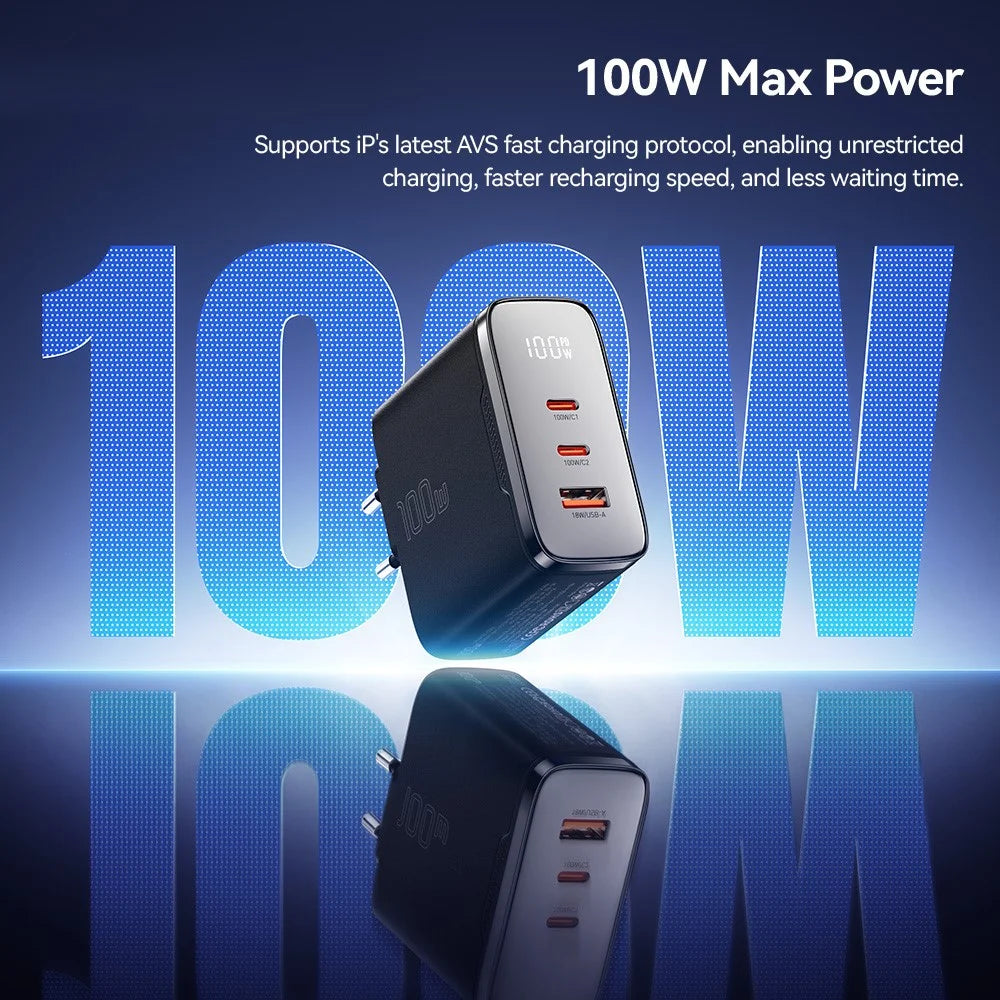 ESSAGER ES-CD56 100W GaN Wall Charger 3-Port 2 USB-C+USB-A Fast Charging Digital Display Travel Power Adapter - Black  /  EU Plug - 6