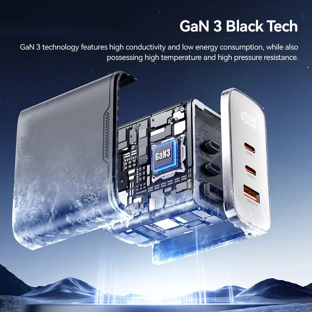 ESSAGER ES-CD56 100W GaN Wall Charger 3-Port 2 USB-C+USB-A Fast Charging Digital Display Travel Power Adapter - Black  /  EU Plug - 7