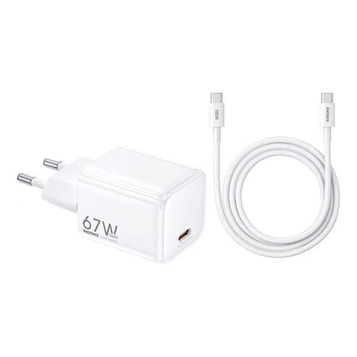 REMAX CA-16 67W GaN Foldable Travel Wall Charger Type-C Port PD Fast Charging Power Adapter with 100W USB-C Cable - White  /  EU Plug - 1